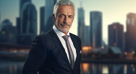 Fototapeta premium Senior Businessman Exuding Success in City Backdrop. Generative ai