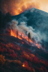 Forest fire in the mountains at sunset. The concept of natural disaster