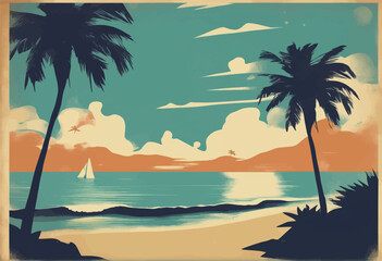 tropical beach in the sunset tropical beach in the sunset tropical sunset with palm trees. palm trees and sea. vector illustration