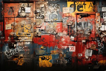 wall full of graffiti and posters