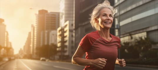 Inspiring Senior Woman Embraces Morning Run Amidst City's Glass Structures. Generative ai