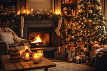 Cozy atmosphere by the Christmas fireplace. Christmas tree with decorations and gifts. Christmas or New Year background