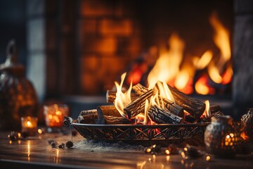 Cozy living room. Christmas and New Year holidays background. Christmas tree, candles, bokeh lights and fireplace. - obrazy, fototapety, plakaty