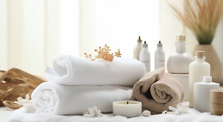 Fototapeta na wymiar Serene Spa Ambiance: Towels and Herbal Treatments in White Space. Generative ai