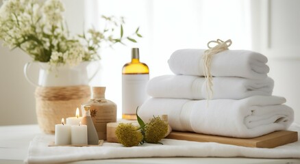 Obraz na płótnie Canvas Serene Spa Ambiance: Towels and Herbal Treatments in White Space. Generative ai