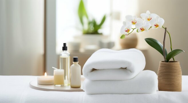 Serene Spa Ambiance: Towels and Herbal Treatments in White Space. Generative ai
