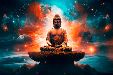 buddha scultpure meditating in lotus position blue and orange cosmos background - obrazy, fototapety, plakaty