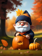 Naklejka premium Cute Fall Gnome In Autumn Season Leaves With Pumpkins. Generative AI