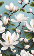 Design for mural, wallpaper, photo wallpaper, card, postcard. Floral background. Magnolia, jasmine flowers illustration, Generative AI