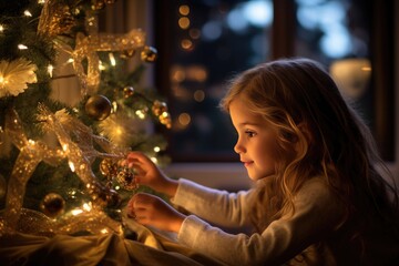 Little girl standing near a decorated christmas tree in a living room.