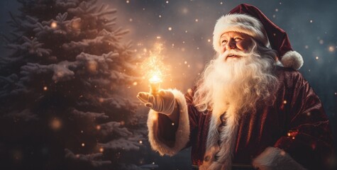 Santa with candle holding up flame with christmas tree