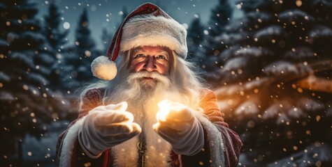 Santa with candle holding up flame with christmas tree - obrazy, fototapety, plakaty