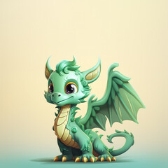 Obraz premium Cute, lovable green dragon in cartoon style graces beige backdrop with warm smile, perfect for printing on notebooks