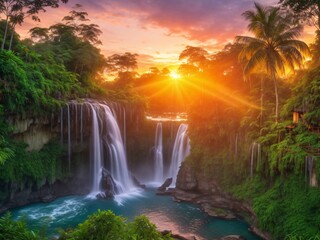 Fototapeta na wymiar charming vivid HDR illustration of jungle with waterfall and sunset rays in the background. Generative Ai.