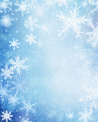 Fototapeta na wymiar New Year banner exhibits enchantment of falling white snowflakes on blue empty backdrop with copy space for marketplace, presentation new product, enhanced by frosty texture pattern festive decor