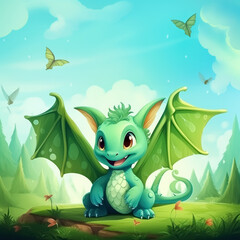 Charming, adorable green baby dragon with wings in cartoon style sits on green meadow surrounded by plants, butterflies and flowers, radiating joyful and cheerful smile