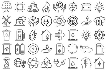 black line energy icon set. Collection of renewable energy, ecology and black line electricity icons. Vector illustration