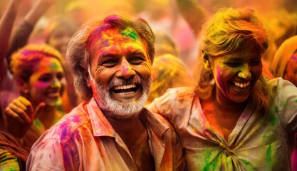 Joyful portrait of an affectionate adult caucasian couple celebrating vibrant Holi festival, their faces are decorated with multicolored powder, experience moments of happiness and unity with people - obrazy, fototapety, plakaty