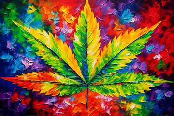 Marijuana leaf. Cannabis leaf. Painted with oil paints. Selected colors emphasize natural beauty and harmony. Copy space.