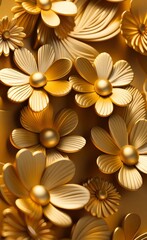 4K golden floral background, abstract vintage flower design, mural art, gold nature, 3D illustration, 3D render, Generative AI