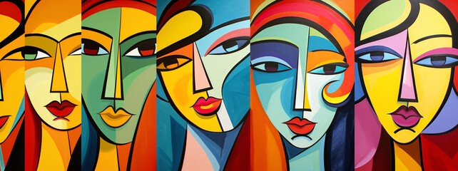 COLORFUL ARTISTIC GRAFFITI OF WOMEN IN CUBIST AND POP ART STYLE. legal AI - obrazy, fototapety, plakaty