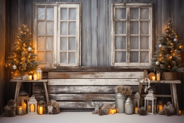 Wooden wall with christmas decoration and christmas gifts - obrazy, fototapety, plakaty