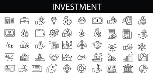 Investment icon set. Containing investor, mutual fund, asset, risk management, economy, financial gain, interest and stock icons. Solid icon collection - obrazy, fototapety, plakaty