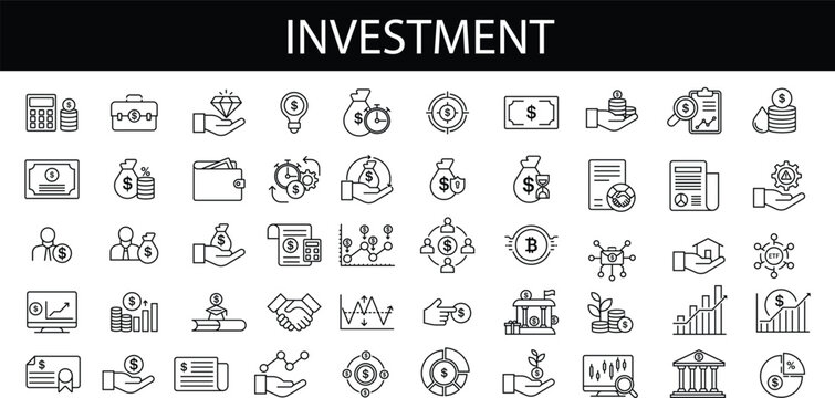 Investment icon set. Containing investor, mutual fund, asset, risk management, economy, financial gain, interest and stock icons. Solid icon collection