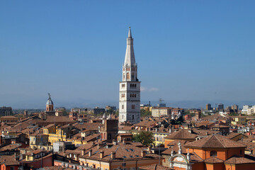 Modena, Emilia Romagna, Italy, Ghirlandina tower on the city skyline, symbol of the city, UNESCO tourist site