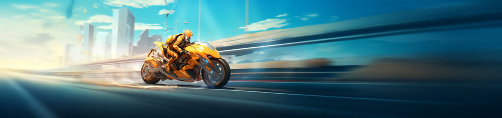 Racer on his sportbike. Futuristic sportbike. Hi speed. Bright colors. Ultra wide illustration. For poster, invitation, flyer, banner, header. Generative AI content