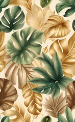 Vintage tropical green brown leaves, beige background, golden texture. Luxury mural, premium wallpaper. 3d painting illustration, watercolor design. Seamless border. Stylish cloth, paper, GenerativeAI