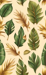 Vintage tropical green brown leaves, beige background, golden texture. Luxury mural, premium wallpaper. 3d painting illustration, watercolor design. Seamless border. Stylish cloth, paper, GenerativeAI