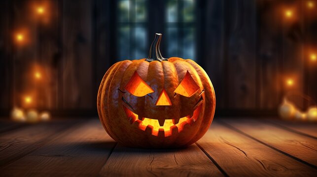 Halloween pumpkin lantern on wooden floor, AI generative