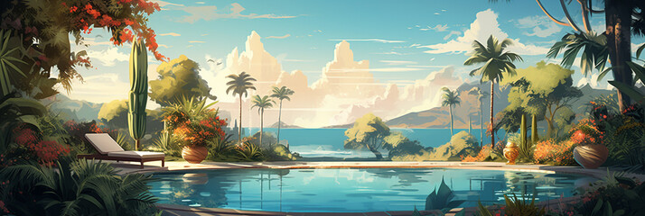 Illustration of modern backyard in tropical climate. Sunny warm weather with a lot of light. Comfortable and cosy place. Villa or hotel. Banner, hadder, poster. Digital painting. Generative Ai content
