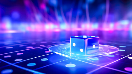 Casino neon background of dice on gaming table with lightning. Gaming cube with iridescent holographic effect. Concept of online betting and risky games. Copy space - obrazy, fototapety, plakaty