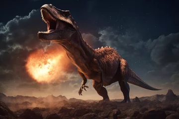 Foto auf Acrylglas Dinosaurier Dinosaurier sieht einen Asteroideneinschlag in der Kreidezeit