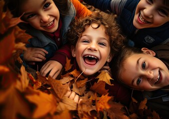 A high-angle shot of a group of children playing in a pile of colorful autumn leaves, their laughter - obrazy, fototapety, plakaty