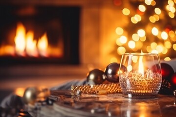 Cozy living room with candles, fireplace and christmas decorations. Vintage style. Interior of a cozy living room with a fireplace, a Christmas tree and gifts.