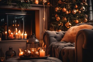 Cozy living room with candles, fireplace and christmas decorations. Vintage style. Interior of a cozy living room with a fireplace, a Christmas tree and gifts.