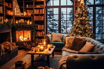 Fototapeta na wymiar Cozy living room with candles, fireplace and christmas decorations. Vintage style. Interior of a cozy living room with a fireplace, a Christmas tree and gifts.
