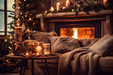Cozy living room with candles, fireplace and christmas decorations. Vintage style. Interior of a cozy living room with a fireplace, a Christmas tree and gifts. - obrazy, fototapety, plakaty