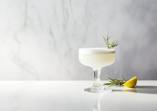 A high-key image of a Gin Fizz cocktail glass placed on a white marble surface, with soft diffused l