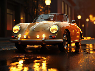 germany Vintage cabriolet Car on night wet Street. rainy weather. retro convertible brown rounded roadster with round headlamp vehicle on illuminated city background. after rain. Generative ai.