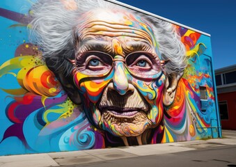A street art mural depicting an elderly woman's face, created using vibrant spray paints and bold