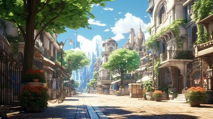 Obraz premium Illustration of japanese or fantasy eastern landscape. Street of a small city. Anime Like background. Digital painting. For Poster, invitation, flyer, banner, email, header. Generative Ai content