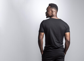 attractive african american man posing backside wearing black premium thin cotton blank t-shirt isolated on white background