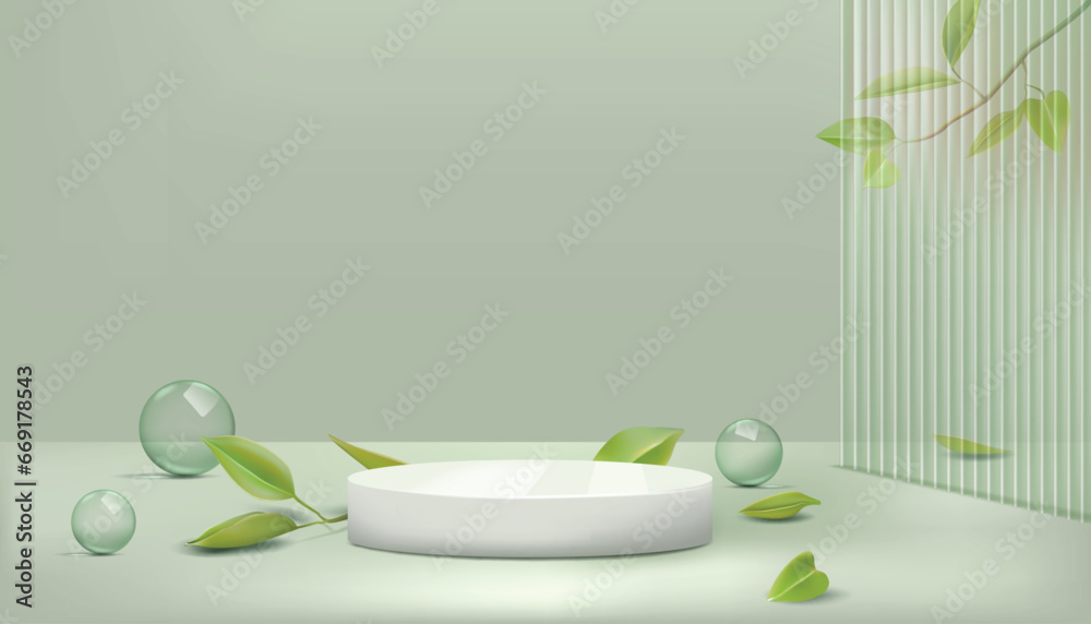 Poster 3d podium. product background display in studio with wall, minimal stand or stage. natural green pro