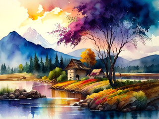 Fototapeta premium landscape with lake and mountains generative Ai