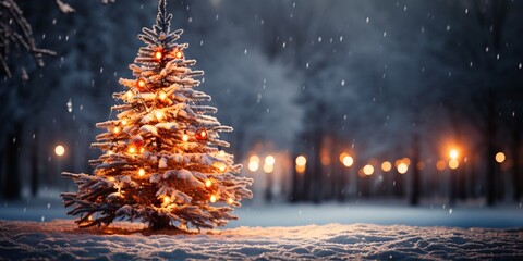 Christmas tree in the winter forest. Beautiful winter landscape with Christmas tree.  - 669178787