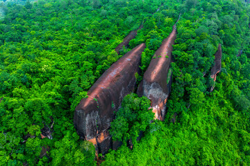 3 Whale Rock. Aerial view of Three whale stones in Phu Sing National, Bueng Kan, Thailand. - obrazy, fototapety, plakaty